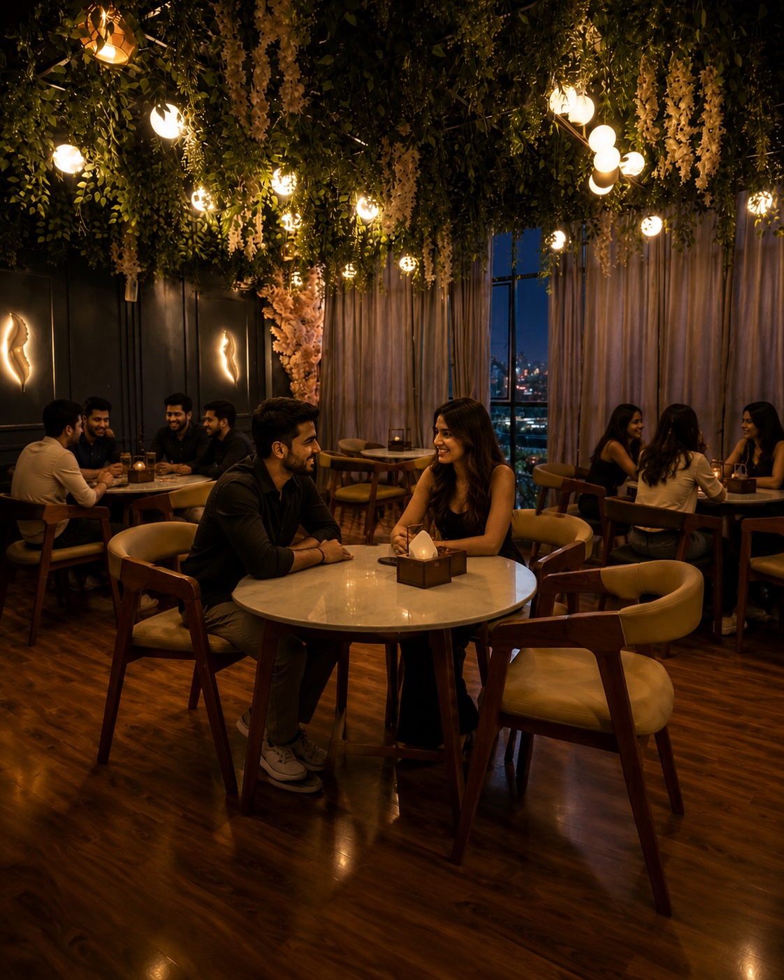 Couple sitting in the rooftop lounge at Flames of Arabia